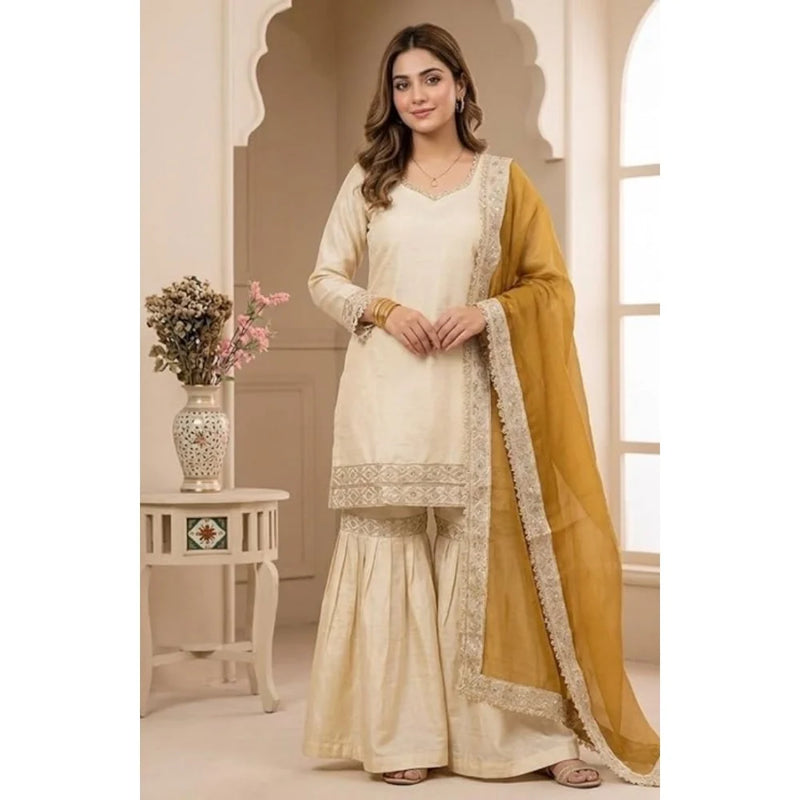 Silk Embroidered 3/4th Sleeve V-Neck Kurti With Sharara Pant and Dupatta Set (Cream & Yellow)