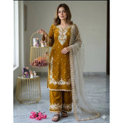 Women's Silk Embroidered 3/4th Sleeve Round Kurti With Palazzo Pant and Dupatta Set