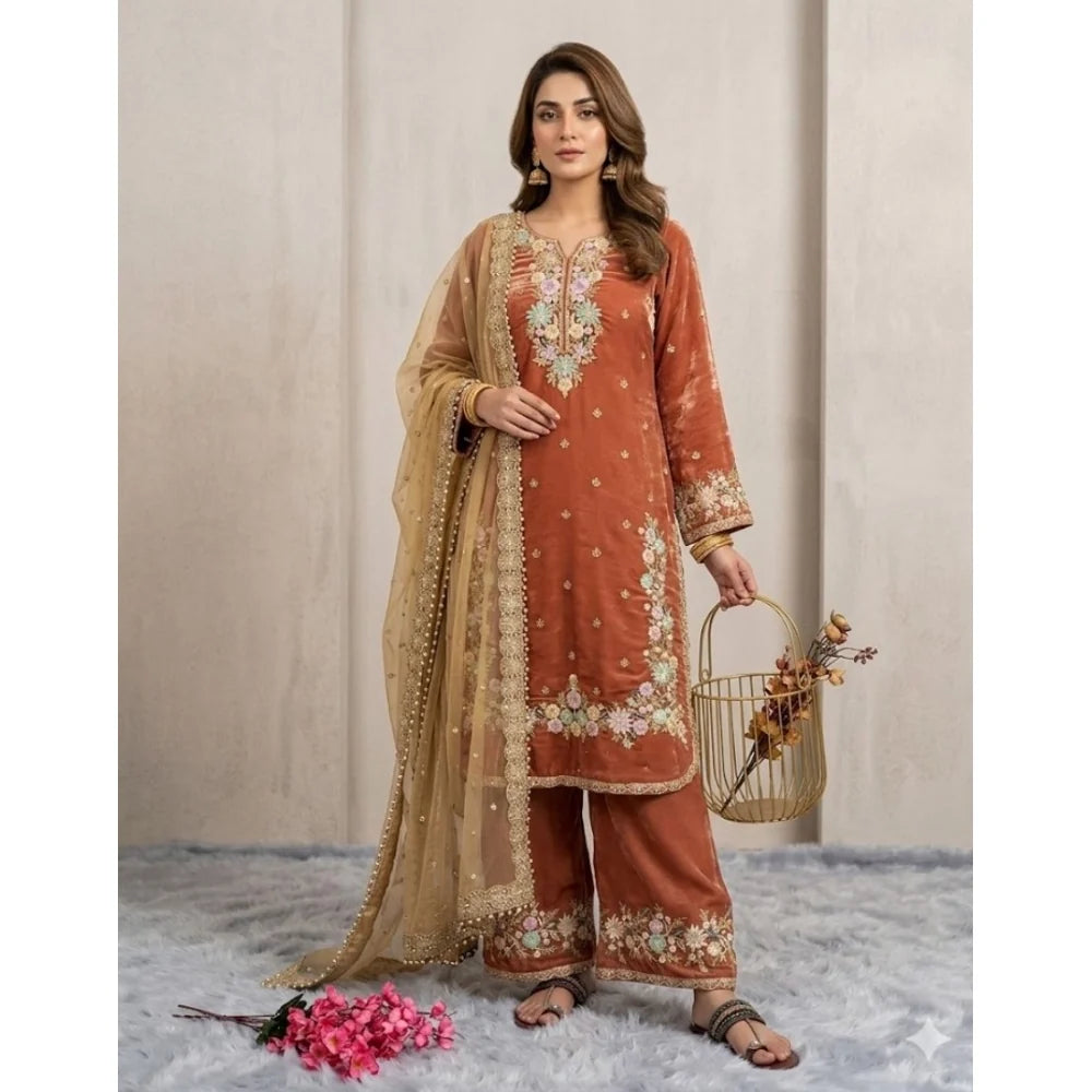 Women's Silk Embroidered 3/4th Sleeve Round Kurti With Palazzo Pant and Dupatta Set