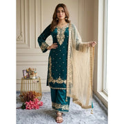 Women's Silk Embroidered 3/4th Sleeve Round Kurti With Palazzo Pant and Dupatta Set