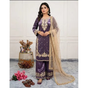 Women's Silk Embroidered 3/4th Sleeve Round Kurti With Palazzo Pant and Dupatta Set