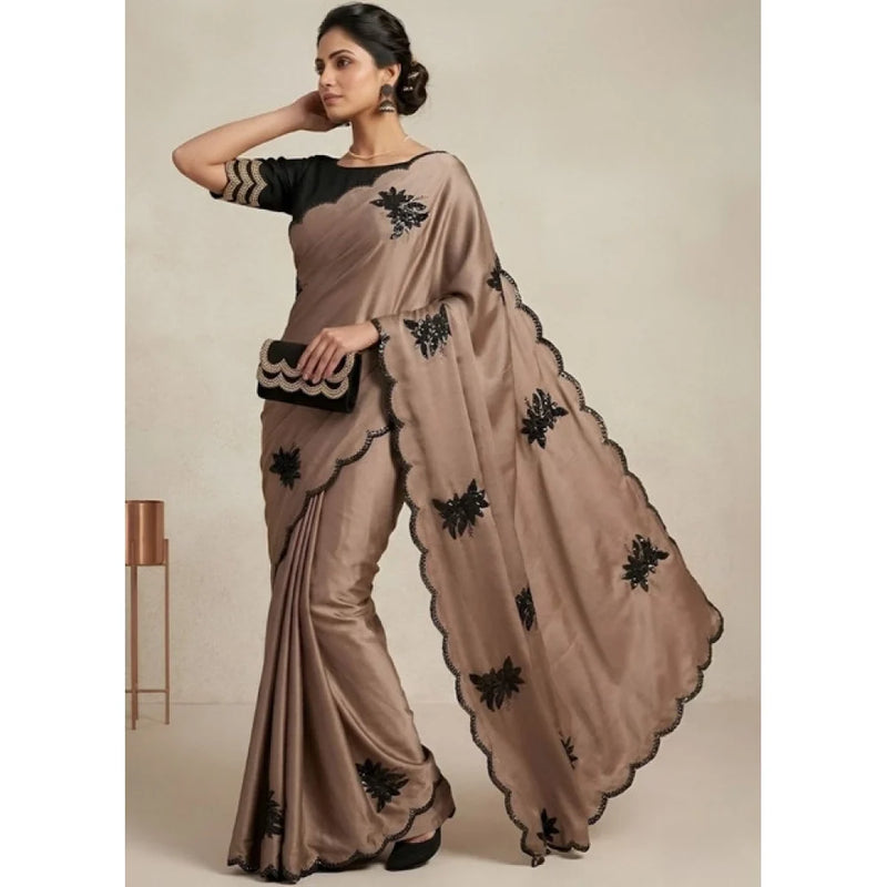 Viscose Silk Embroidered Saree With Unstitched Blouse 5.5Mtr (Beige)