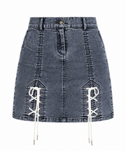 Women's Denim Tie Up Buttoned Skirt (Blue)