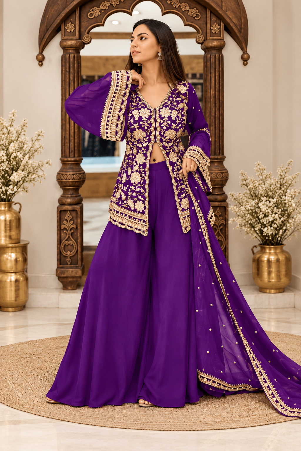 Georgette Embroidery 3-4th Sleeve V-Neck Kurti, Palazzo And Dupatta Set (Purple)