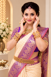 Women's Soft Lichi Silk Printed Saree With Unstitched Blouse 5.5Mtr (Purple)