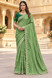 Georgette Embroidered Saree With Unstitched Blouse 5.5Mtr (Pista Green)