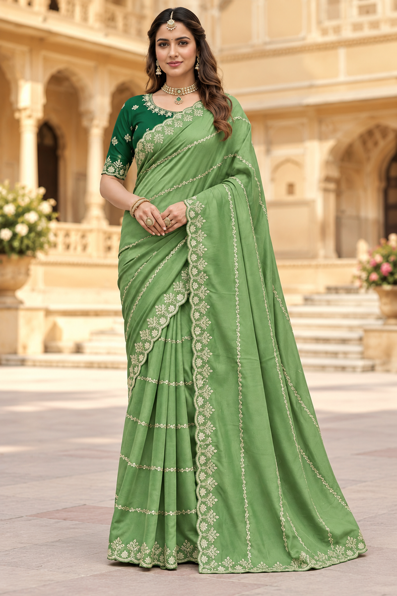 Georgette Embroidered Saree With Unstitched Blouse 5.5Mtr (Pista Green)