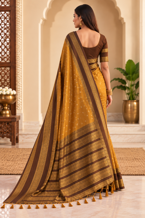 Silk Blend Printed Saree With Unstitched Blouse 5.5Mtr (Mustard brown)