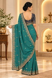Women's Star Georgette Embroidered Saree With Unstitched Blouse 5.5Mtr (Sea Green)