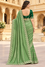 Georgette Embroidered Saree With Unstitched Blouse 5.5Mtr (Pista Green)