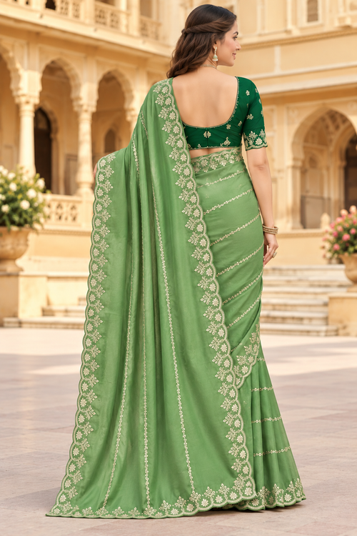 Georgette Embroidered Saree With Unstitched Blouse 5.5Mtr (Pista Green)
