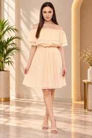 Women's Polyester Solid Sleeveless Knee-Length Dress (Beige)