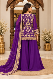 Georgette Embroidery 3-4th Sleeve V-Neck Kurti, Palazzo And Dupatta Set (Purple)