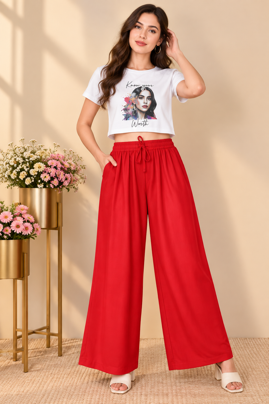 Women's Casual Rayon Solid Ankle Length Palazzo (Red)