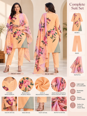 Women's Cotton Blend Printed Kurti With Pant Dupatta Set (Orange)