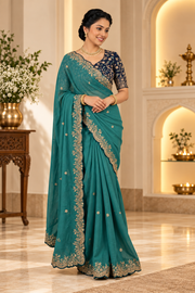 Women's Star Georgette Embroidered Saree With Unstitched Blouse 5.5Mtr (Sea Green)