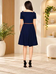 Women's Polyester Solid V Neck Cap Sleeve Dress (Blue)