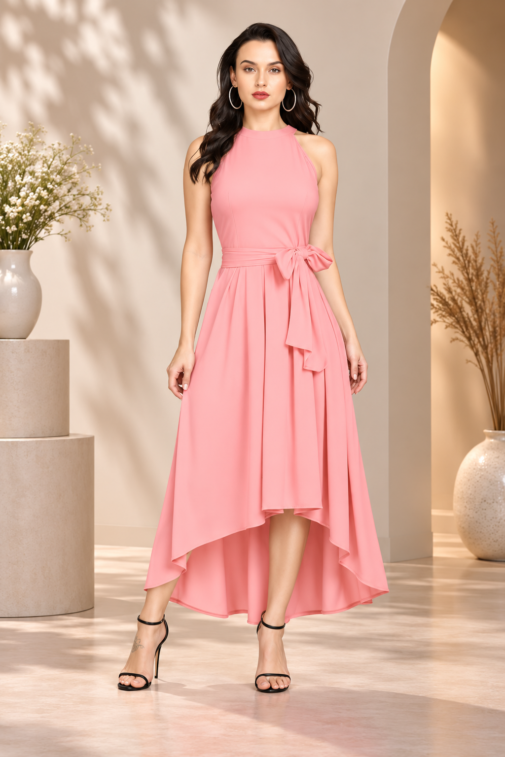 Women's Polyster Solid Halter Neck Sleeveless Dress (Pink)