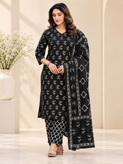 Women's Cotton Blend Printed Kurti With Pant Dupatta Set (Black)