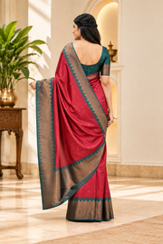Soft Lichi Silk Printed Saree With Unstitched Blouse 5.5Mtr (Red)