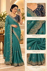 Women's Star Georgette Embroidered Saree With Unstitched Blouse 5.5Mtr (Sea Green)