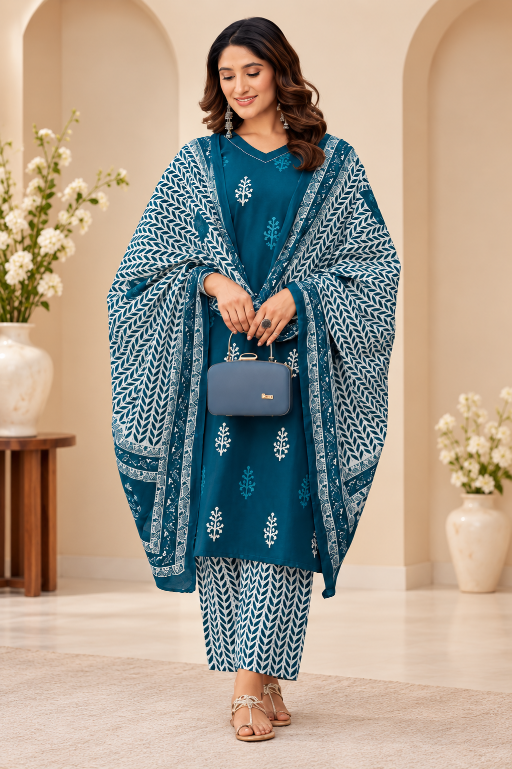 Cotton Blend Printed Kurti With Pant Dupatta Set (Morpichh)