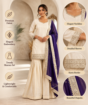 Silk Embroidered 3/4th Sleeve V-Neck Kurti With Sharara Pant and Dupatta Set (Cream & Purple)