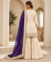 Silk Embroidered 3/4th Sleeve V-Neck Kurti With Sharara Pant and Dupatta Set (Cream & Purple)