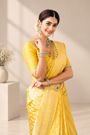 Women's Soft Lichi Silk Printed Saree With Unstitched Blouse 5.5Mtr (Yellow)