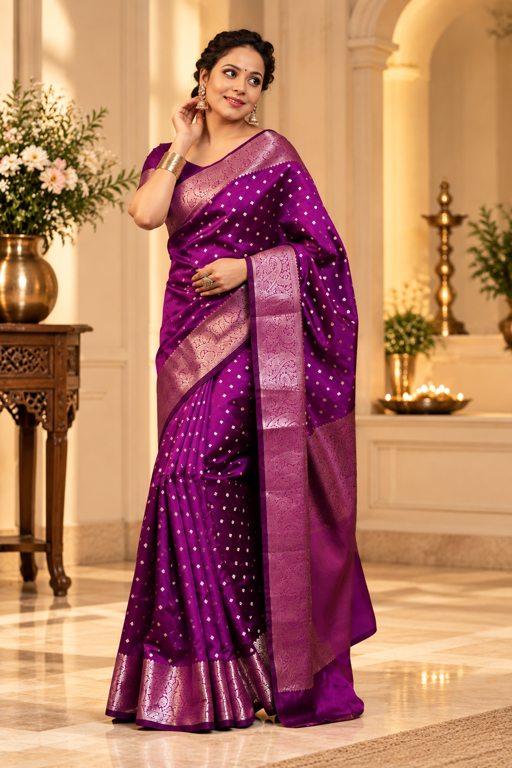 Soft Lichi Silk Printed Saree With Unstitched Blouse 5.5Mtr (Purple)