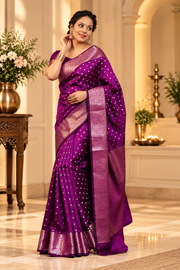 Soft Lichi Silk Printed Saree With Unstitched Blouse 5.5Mtr (Purple)