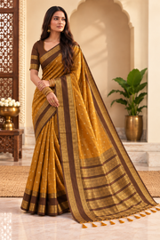 Silk Blend Printed Saree With Unstitched Blouse 5.5Mtr (Mustard brown)