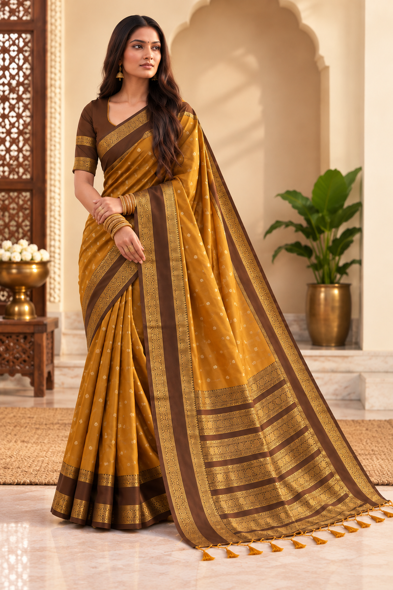 Silk Blend Printed Saree With Unstitched Blouse 5.5Mtr (Mustard brown)