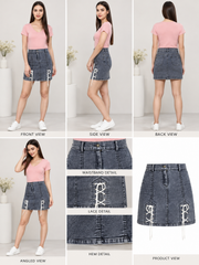 Women's Denim Tie Up Buttoned Skirt (Blue)
