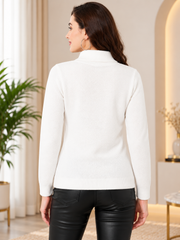 Women's Polyester Solid High Neck Full Sleeve T-Shirt (White)