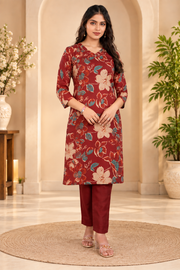 Cotton Blend Printed Kurti With Pant Dupatta Set (Rust)