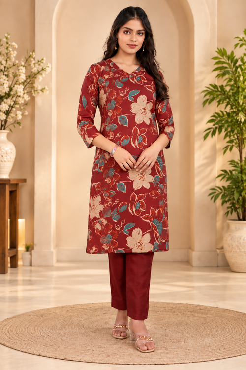 Cotton Blend Printed Kurti With Pant Dupatta Set (Rust)