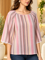 Women's Polyester Striped 3-4th Sleeves Top (Pink)