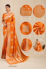 Silk Blend Printed Saree With Unstitched Blouse 5.5Mtr (Orange)