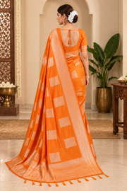 Silk Blend Printed Saree With Unstitched Blouse 5.5Mtr (Orange)