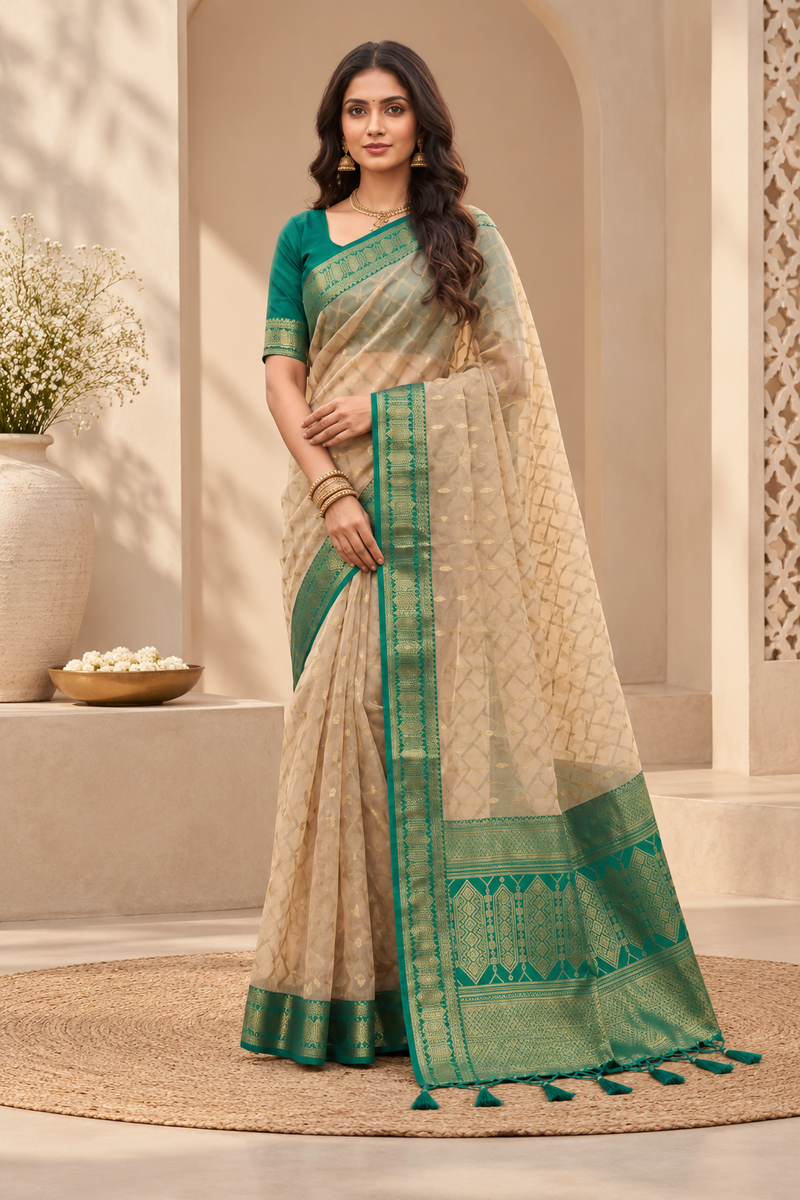 Women's Cotton Printed Saree With Unstitched Blouse 5.5Mtr (Multicolor)