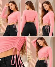 Women's Polyester Solid Round Neck Full Sleeve Top (Pink)