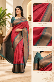 Soft Lichi Silk Printed Saree With Unstitched Blouse 5.5Mtr (Red)