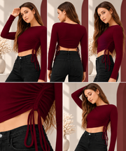 Women's Polyester Solid Round Neck Full Sleeve Top (Brown)