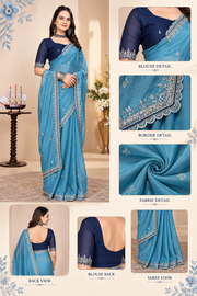 Georgette Embellished Saree with Unstitched Blouse 5.5Mtr(Aqua Blue)