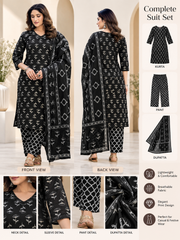 Women's Cotton Blend Printed Kurti With Pant Dupatta Set (Black)