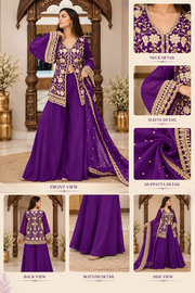 Georgette Embroidery 3-4th Sleeve V-Neck Kurti, Palazzo And Dupatta Set (Purple)