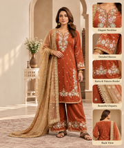 Women's Silk Embroidered 3/4th Sleeve Round Kurti With Palazzo Pant and Dupatta Set (Orange)