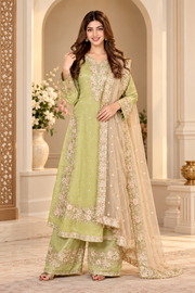 Silk Embroidered 3/4th Sleeve Round Kurti With Palazzo Pant and Dupatta Set (Pista)
