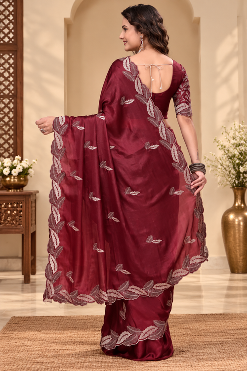 Georgette Embroidered Saree With Unstitched Blouse 5.5Mtr?(Maroon)